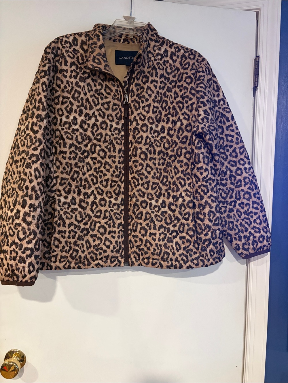 Lands' End Kids Leopard Print Puffer Jacket - tan & black